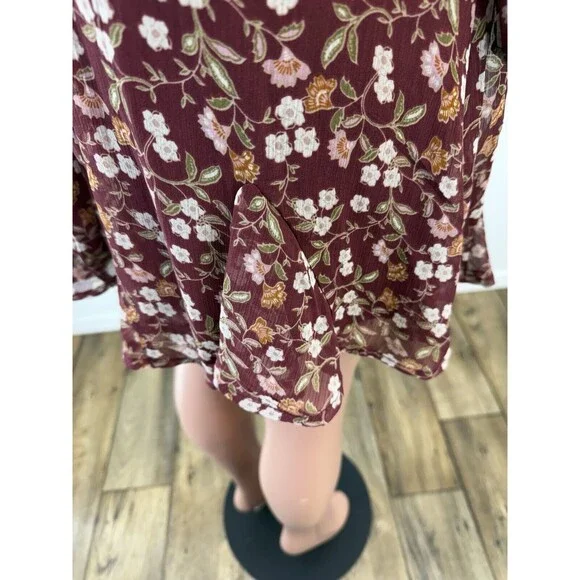 Womens Wine Chiffon Floral Mini Fit & Flare Dress Juniors L - Picture 9 of 15